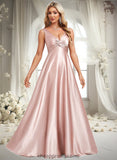 Frederica A-line V-Neck Floor-Length Stretch Satin Bridesmaid Dress STIP0025779