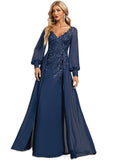 Yaretzi Trumpet/Mermaid V-Neck Floor-Length Chiffon Lace Evening Dress With Sequins STIP0020789