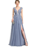 Kierra A-line V-Neck Floor-Length Lace Tulle Evening Dress With Sequins STIP0020996