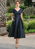 Jean A-line V-Neck Tea-Length Satin Mother of the Bride Dress With Cascading Ruffles STIP0021661