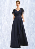 Faith A-line V-Neck Floor-Length Chiffon Lace Mother of the Bride Dress With Cascading Ruffles Sequins STIP0021738