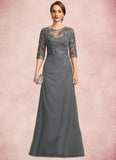 Maggie Sheath/Column Scoop Illusion Floor-Length Chiffon Lace Mother of the Bride Dress With Pleated Sequins STIP0021757