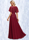 Amara A-line V-Neck Floor-Length Chiffon Lace Mother of the Bride Dress With Sequins STIP0021767