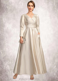 Taliyah A-line V-Neck Ankle-Length Satin Mother of the Bride Dress With Pleated STIP0021768