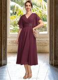 Madeleine A-line V-Neck Tea-Length Chiffon Mother of the Bride Dress With Beading Pleated STIP0021774