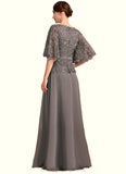 Naomi A-line V-Neck Floor-Length Chiffon Lace Mother of the Bride Dress With Rhinestone Crystal Brooch STIP0021782