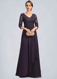 Kirsten A-line V-Neck Floor-Length Chiffon Lace Mother of the Bride Dress With Cascading Ruffles Sequins STIP0021796