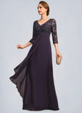 Kirsten A-line V-Neck Floor-Length Chiffon Lace Mother of the Bride Dress With Cascading Ruffles Sequins STIP0021796