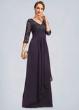 Kirsten A-line V-Neck Floor-Length Chiffon Lace Mother of the Bride Dress With Cascading Ruffles Sequins STIP0021796