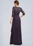 Kirsten A-line V-Neck Floor-Length Chiffon Lace Mother of the Bride Dress With Cascading Ruffles Sequins STIP0021796