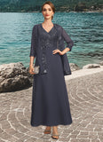 Rowan A-line V-Neck Ankle-Length Chiffon Lace Sequin Mother of the Bride Dress STIP0021798