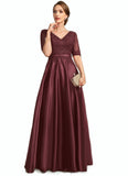 Madeline A-line V-Neck Floor-Length Lace Satin Mother of the Bride Dress With Sequins STIP0021803