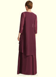 Irene Sheath/Column V-Neck Floor-Length Chiffon Mother of the Bride Dress With Beading Cascading Ruffles STIP0021835