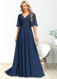 Madge A-line V-Neck Floor-Length Chiffon Lace Mother of the Bride Dress With Sequins STIP0021888