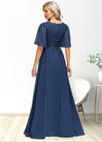 Madge A-line V-Neck Floor-Length Chiffon Lace Mother of the Bride Dress With Sequins STIP0021888