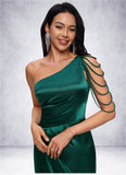 Veronica Trumpet/Mermaid One Shoulder Sweep Train Stretch Satin Prom Dresses With Beading STIP0022205