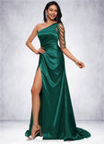 Veronica Trumpet/Mermaid One Shoulder Sweep Train Stretch Satin Prom Dresses With Beading STIP0022205