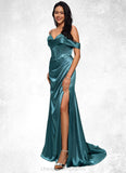 Barbara Trumpet/Mermaid V-Neck Sweep Train Stretch Satin Prom Dresses With Beading Rhinestone Sequins STIP0022213