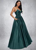 Adelyn Ball-Gown/Princess V-Neck Floor-Length Satin Prom Dresses With Pleated STIP0022230