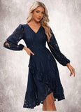 Toni Jacquard V-Neck Elegant A-line Lace Midi Dresses STIP0022269