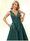 Shaylee A-line V-Neck Tea-Length Lace Satin Evening Dress With Sequins STIP0022270