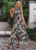 Viviana Ruffle Floral Print High Neck Elegant A-line Polyester Asymmetrical Dresses STIP0022373