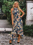 Viviana Ruffle Floral Print High Neck Elegant A-line Polyester Asymmetrical Dresses STIP0022373