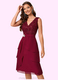 Penelope Sheath/Column V-Neck Knee-Length Chiffon Lace Sequin Cocktail Dress With Ruffle Sequins STIP0022503
