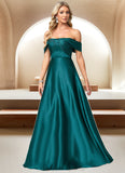 Azaria A-line Off the Shoulder Floor-Length Stretch Satin Bridesmaid Dress STIP0022595