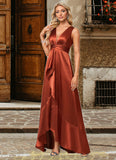 Ariel A-line V-Neck Asymmetrical Stretch Satin Bridesmaid Dress With Ruffle STIP0022606