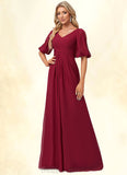 Camila A-line V-Neck Floor-Length Chiffon Bridesmaid Dress STIP0022608