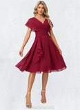 Helena A-line V-Neck Knee-Length Chiffon Bridesmaid Dress With Ruffle STIP0022609