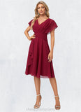 Helena A-line V-Neck Knee-Length Chiffon Bridesmaid Dress With Ruffle STIP0022609