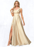 Iris A-line V-Neck Floor-Length Satin Bridesmaid Dress STIP0022612