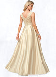 Iris A-line V-Neck Floor-Length Satin Bridesmaid Dress STIP0022612