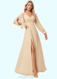 Amani A-line V-Neck Floor-Length Chiffon Bridesmaid Dress With Bow STIP0022613