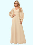 Amani A-line V-Neck Floor-Length Chiffon Bridesmaid Dress With Bow STIP0022613