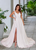 Thea A-Line Pleated Chiffon Chapel Train Dress Diamond White STIP0022786