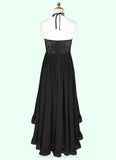 Theresa A-Line Lace Chiffon Asymmetrical Junior Bridesmaid Dress black STIP0022855