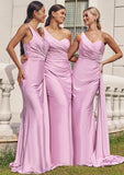 Trumpet/Mermaid One-Shoulder Sleeveless Floor-Length Jersey Bridesmaid Dresses with Pleated Side Draping Amina STIP0025234