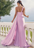 Trumpet/Mermaid One-Shoulder Sleeveless Floor-Length Jersey Bridesmaid Dresses with Pleated Side Draping Amina STIP0025234