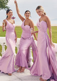 Trumpet/Mermaid One-Shoulder Sleeveless Floor-Length Jersey Bridesmaid Dresses with Pleated Side Draping Amina STIP0025234