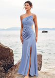 Trumpet/Mermaid One-Shoulder Sleeveless Floor-Length Stretch Satin Bridesmaid Dresses with Pleated Split Armani STIP0025254