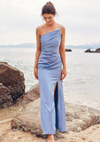 Trumpet/Mermaid One-Shoulder Sleeveless Floor-Length Stretch Satin Bridesmaid Dresses with Pleated Split Armani STIP0025254