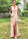 Trumpet/Mermaid V Neck Sleeveless Floor-Length Stretch Satin Bridesmaid Dresses with Pleated Split Payton STIP0025255