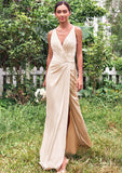 Trumpet/Mermaid V Neck Sleeveless Floor-Length Stretch Satin Bridesmaid Dresses with Pleated Split Payton STIP0025255