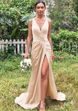 Trumpet/Mermaid V Neck Sleeveless Floor-Length Stretch Satin Bridesmaid Dresses with Pleated Split Payton STIP0025255