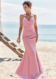 Trumpet/Mermaid V Neck Sleeveless Floor-Length Stretch Satin Bridesmaid Dresses with Pleated Adalyn STIP0025256