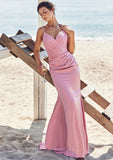 Trumpet/Mermaid V Neck Sleeveless Floor-Length Stretch Satin Bridesmaid Dresses with Pleated Adalyn STIP0025256