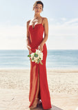 Trumpet/Mermaid V Neck Sleeveless Floor-Length Stretch Crepe Bridesmaid Dresses with Split Una STIP0025269